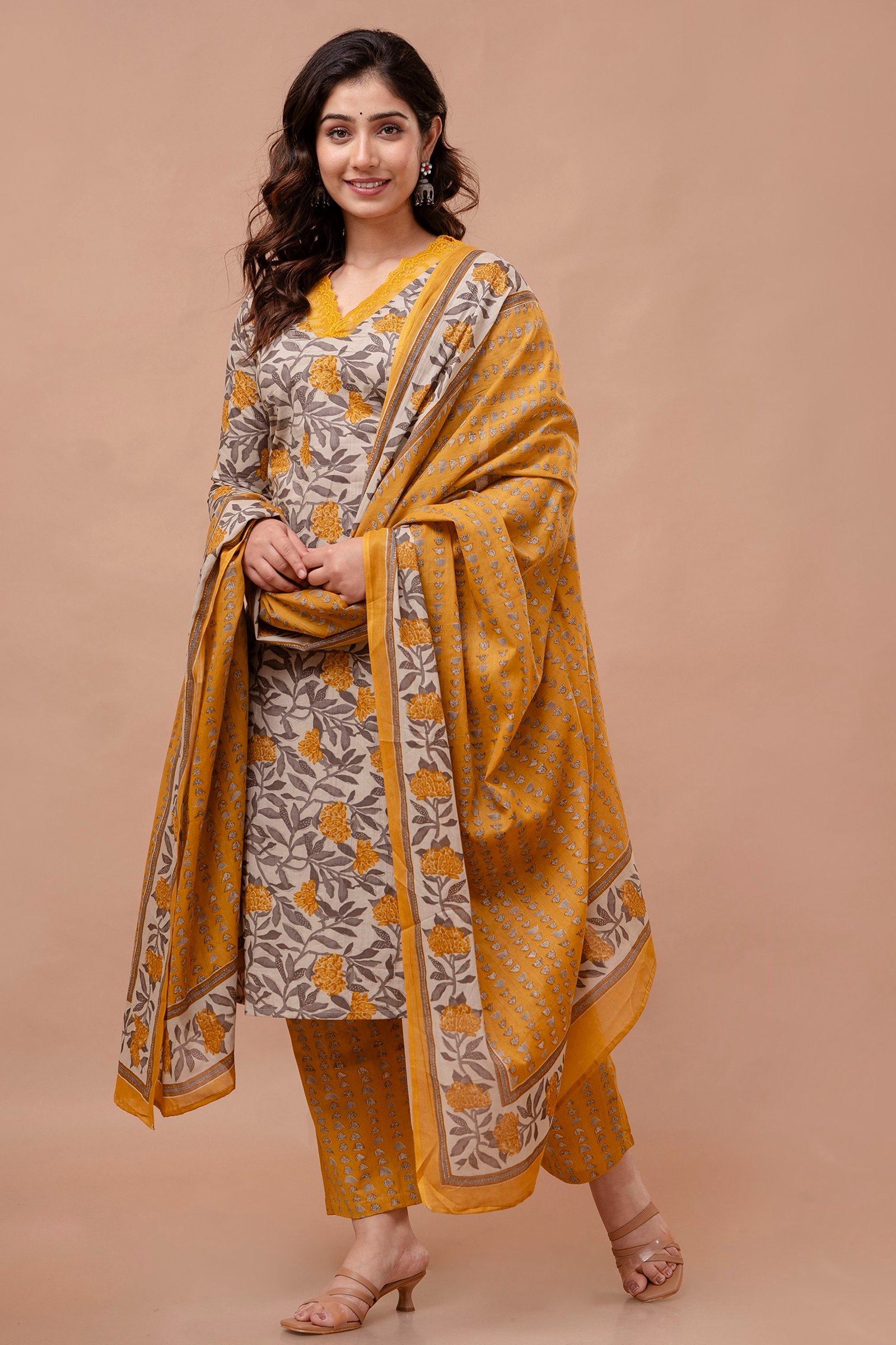 Ekani Yellow Cotton Suit Set with Dupatta