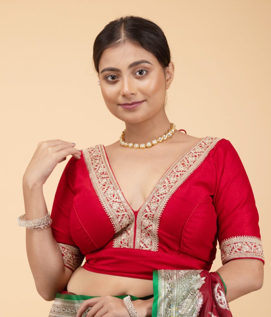 Rani Vichitra Silk V Neck Blouse with Coding Lace Border