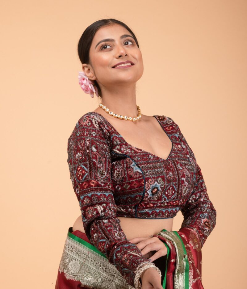 Merun Georgette Multi Colour Heavy Embroidery and Coding Work Sweet Heart Neck Blouse - Image 5