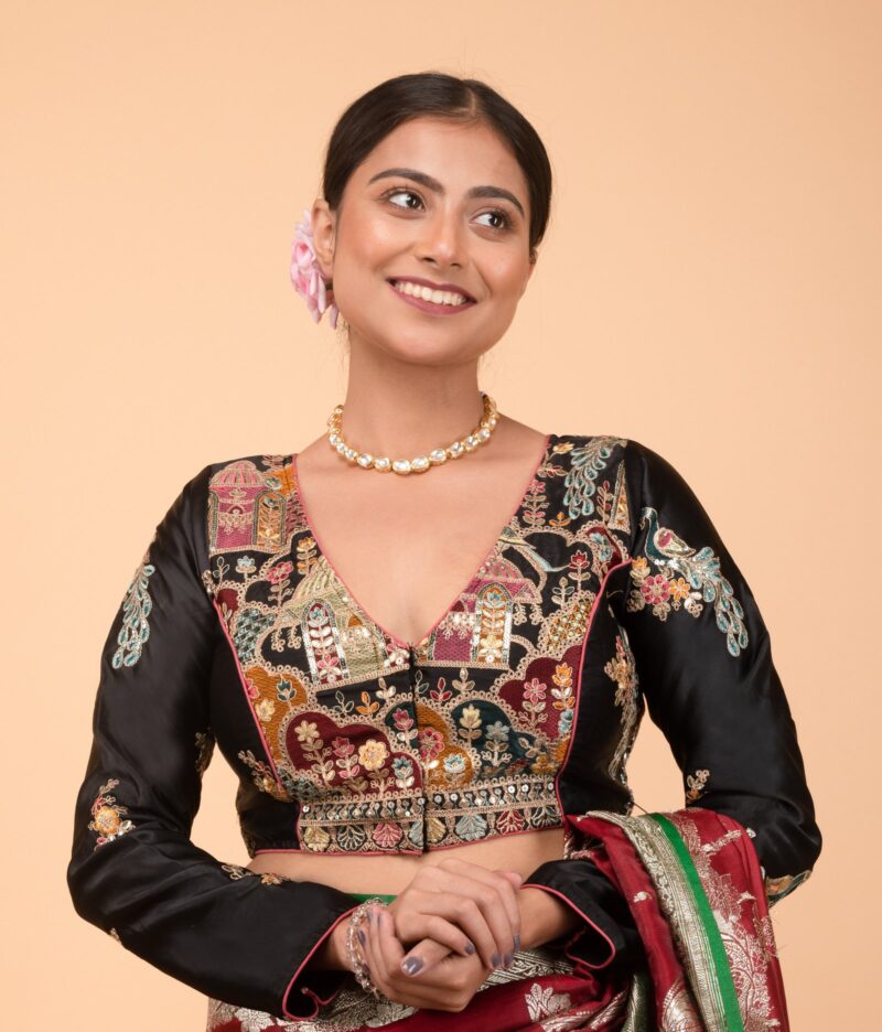 Multi Colour Heavy Embroidery and Seq Work Black Cotton Satin V Neck Blouse Full Sleeve - Image 2