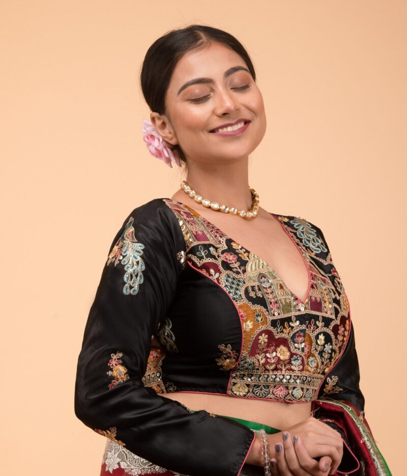 Multi Colour Heavy Embroidery and Seq Work Black Cotton Satin V Neck Blouse Full Sleeve - Image 4