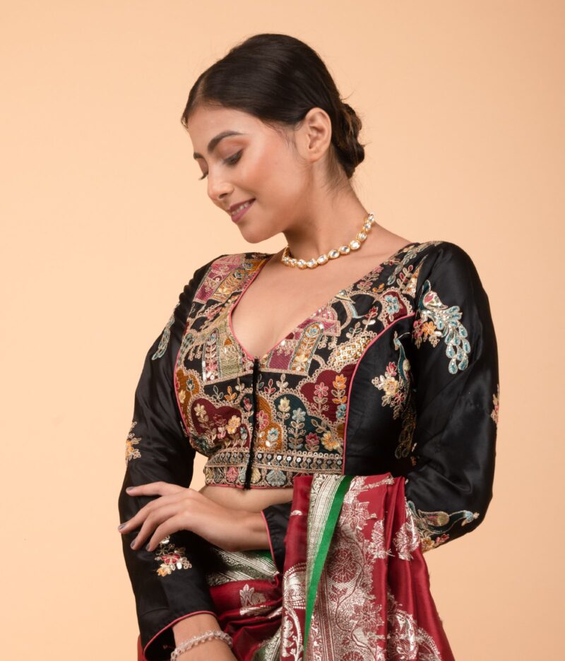Multi Colour Heavy Embroidery and Seq Work Black Cotton Satin V Neck Blouse Full Sleeve - Image 5