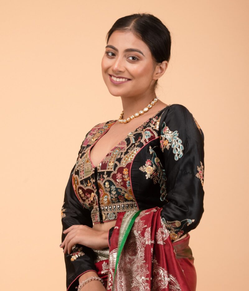 Multi Colour Heavy Embroidery and Seq Work Black Cotton Satin V Neck Blouse Full Sleeve - Image 6