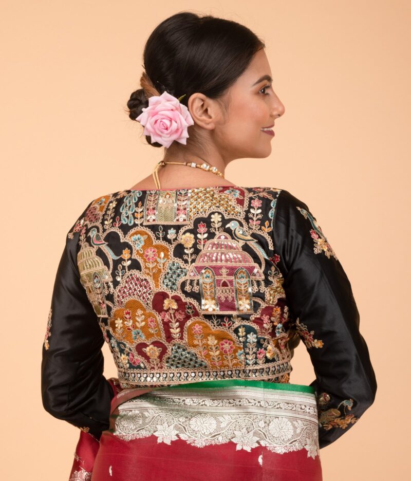 Multi Colour Heavy Embroidery and Seq Work Black Cotton Satin V Neck Blouse Full Sleeve - Image 7