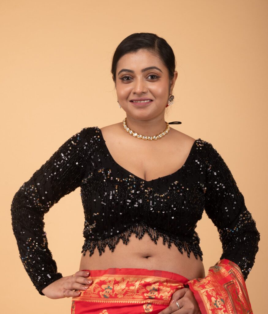 Black Net Layered Cutdana with Hanging Jhalar Lace Sweet Heart Neck Full Sleeve Blouse