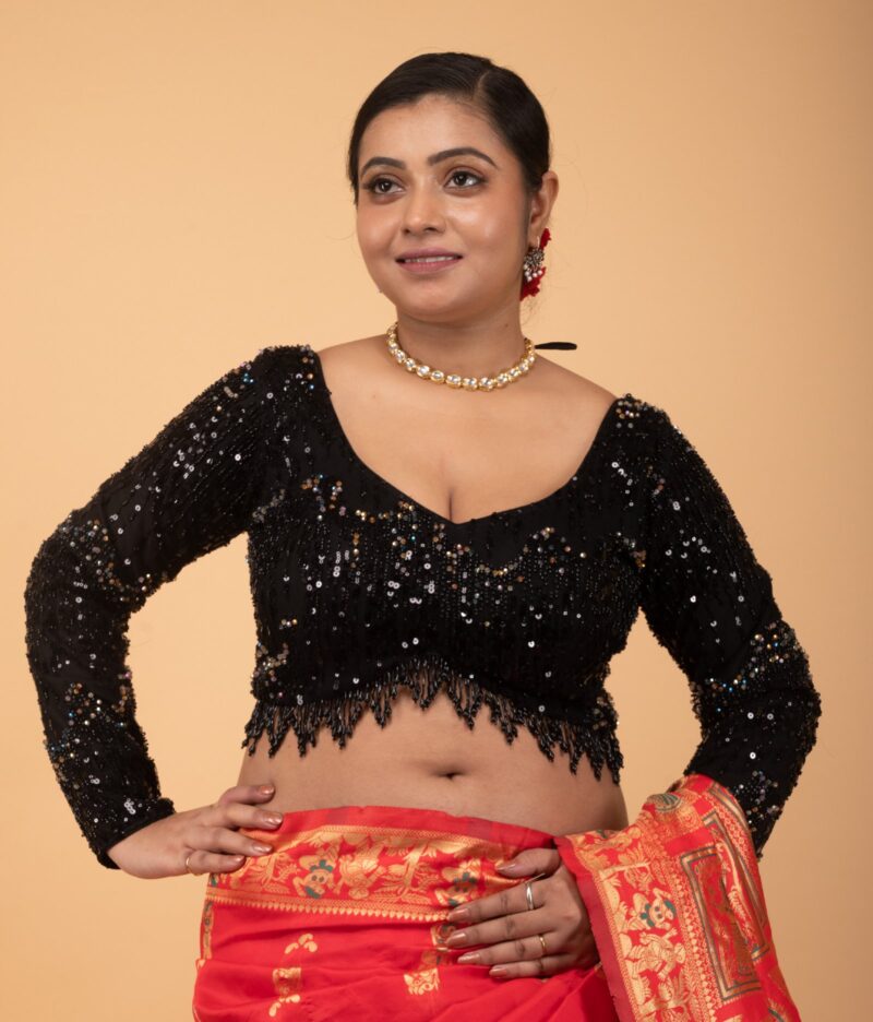 Black Net Layered Cutdana with Hanging Jhalar Lace Sweet Heart Neck Full Sleeve Blouse - Image 2