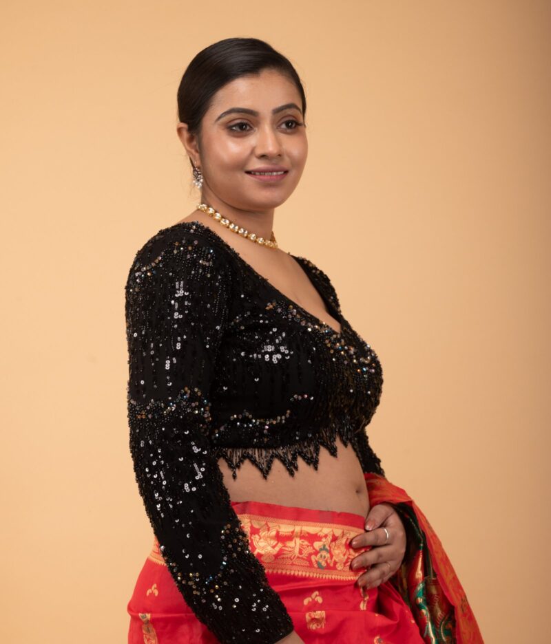 Black Net Layered Cutdana with Hanging Jhalar Lace Sweet Heart Neck Full Sleeve Blouse - Image 4