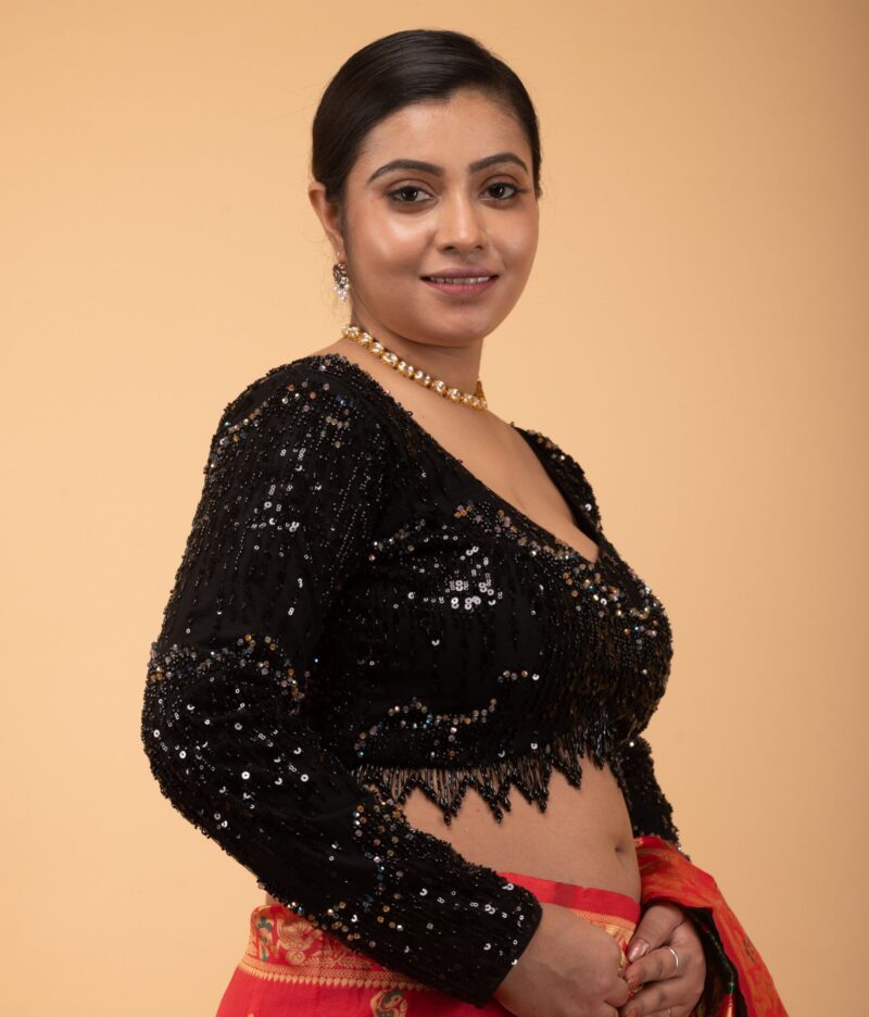 Black Net Layered Cutdana with Hanging Jhalar Lace Sweet Heart Neck Full Sleeve Blouse - Image 5