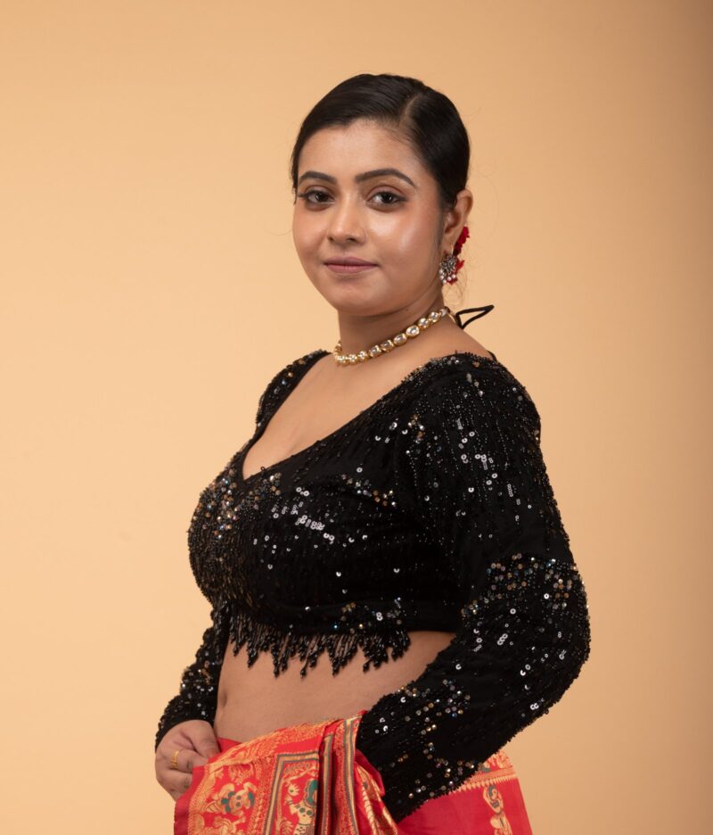 Black Net Layered Cutdana with Hanging Jhalar Lace Sweet Heart Neck Full Sleeve Blouse - Image 6
