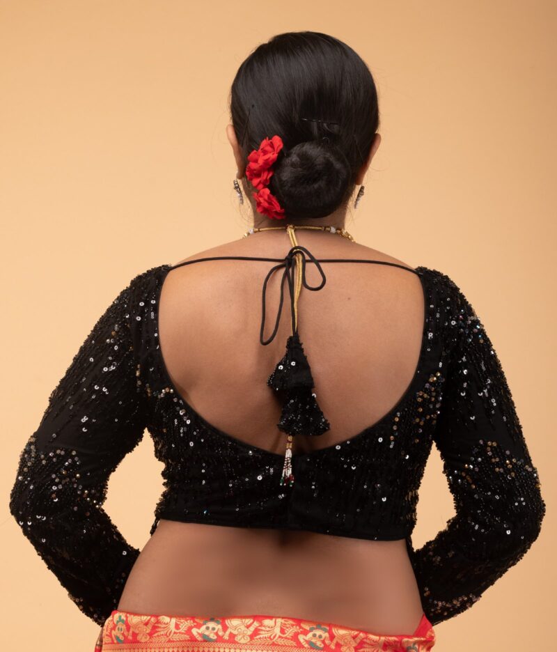Black Net Layered Cutdana with Hanging Jhalar Lace Sweet Heart Neck Full Sleeve Blouse - Image 7
