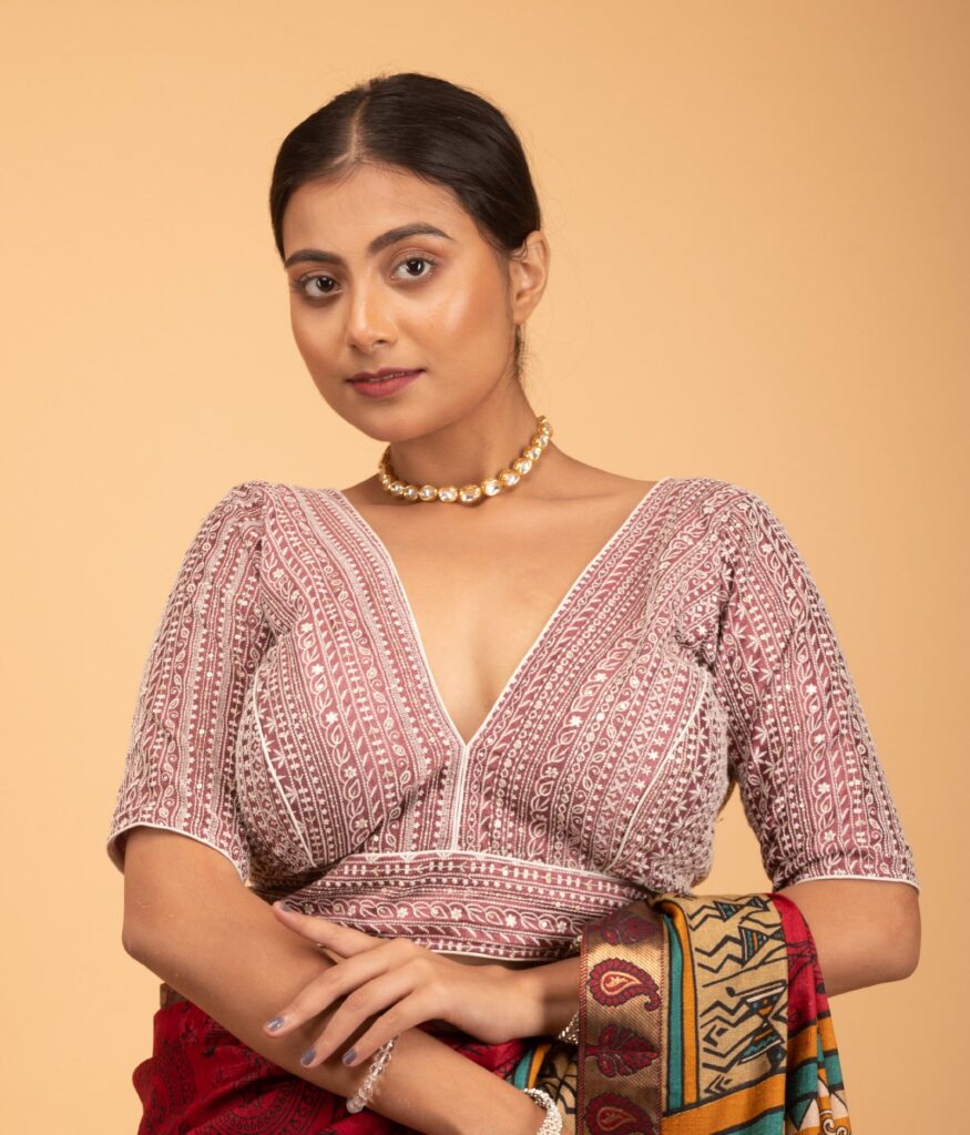 Pink Vichitra Silk Heavy White Embroidery V Neck Blouse