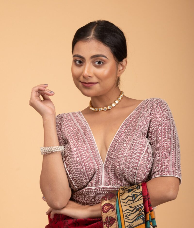 Pink Vichitra Silk Heavy White Embroidery V Neck Blouse - Image 2