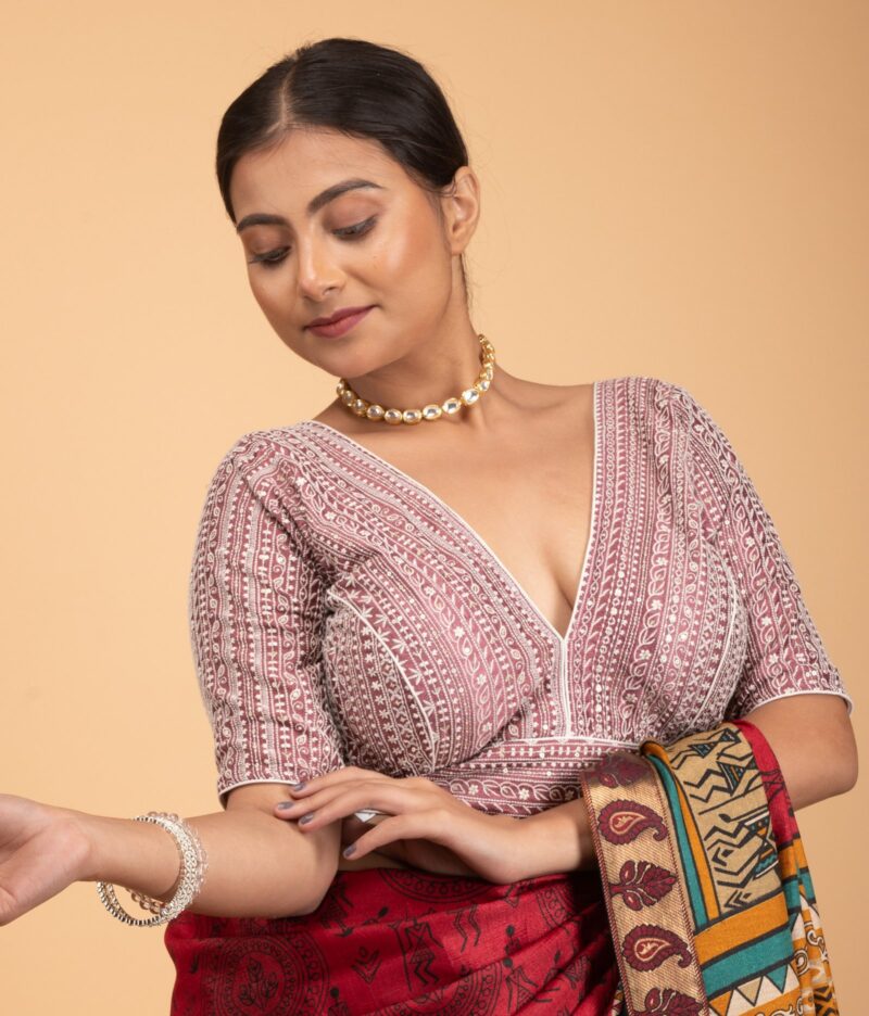 Pink Vichitra Silk Heavy White Embroidery V Neck Blouse - Image 3