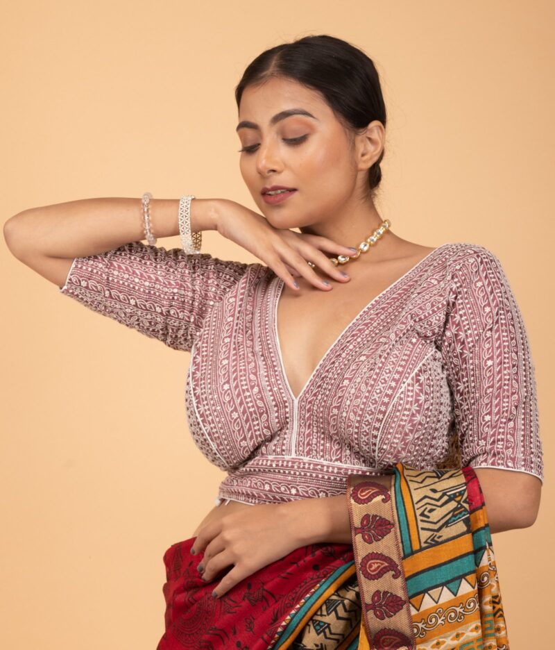 Pink Vichitra Silk Heavy White Embroidery V Neck Blouse - Image 4