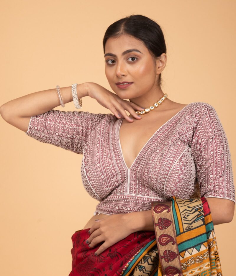 Pink Vichitra Silk Heavy White Embroidery V Neck Blouse - Image 5
