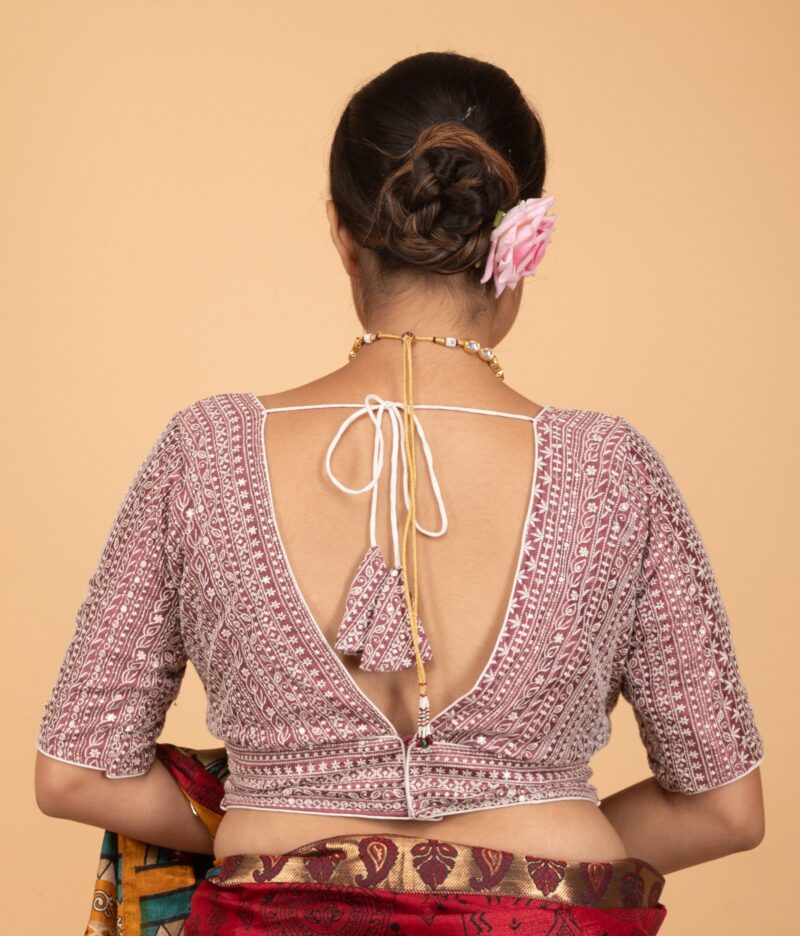 Pink Vichitra Silk Heavy White Embroidery V Neck Blouse - Image 6