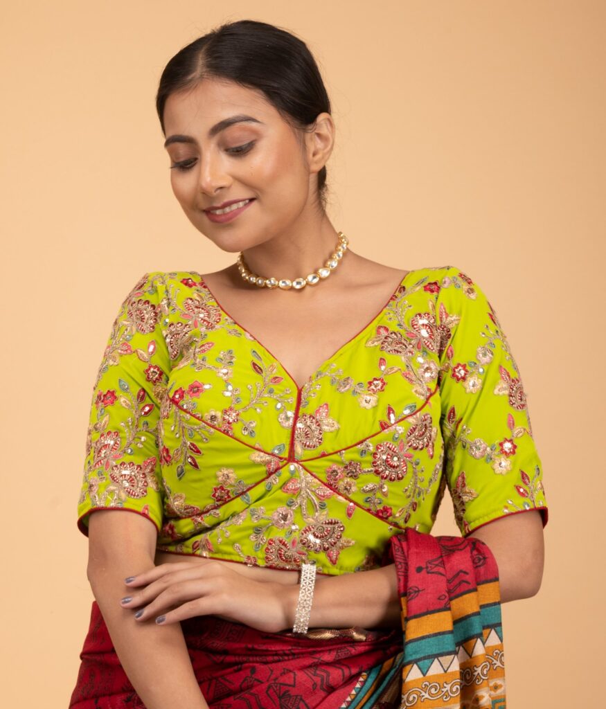 Light Green Multicolour Heavy Embroidery Sweet Heart Neck Blouse