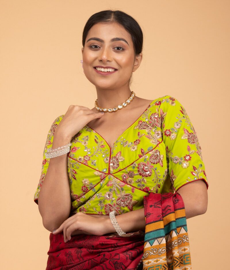 Light Green Multicolour Heavy Embroidery Sweet Heart Neck Blouse - Image 2