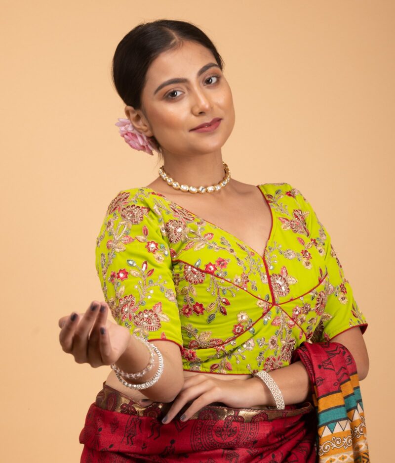 Light Green Multicolour Heavy Embroidery Sweet Heart Neck Blouse - Image 3