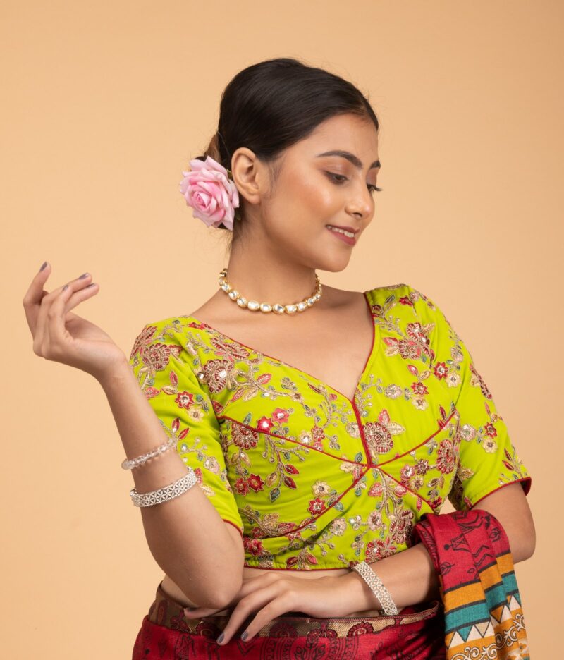 Light Green Multicolour Heavy Embroidery Sweet Heart Neck Blouse - Image 4