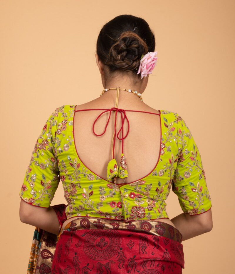 Light Green Multicolour Heavy Embroidery Sweet Heart Neck Blouse - Image 5