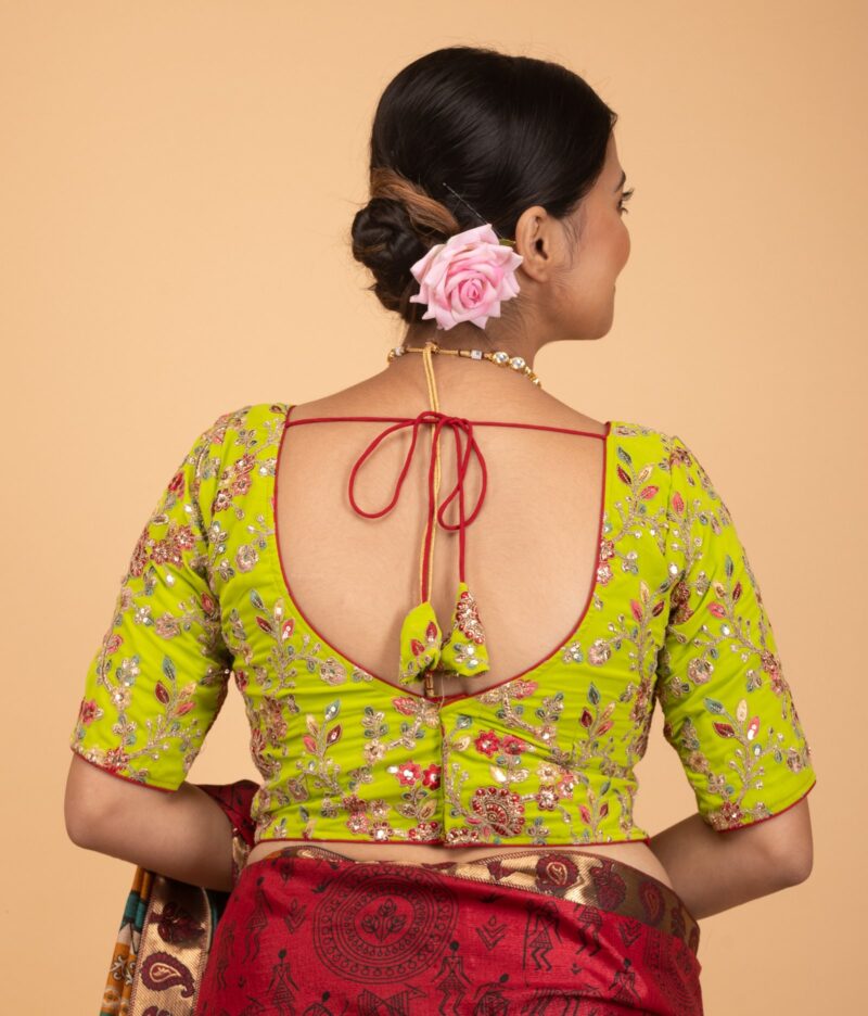 Light Green Multicolour Heavy Embroidery Sweet Heart Neck Blouse - Image 6