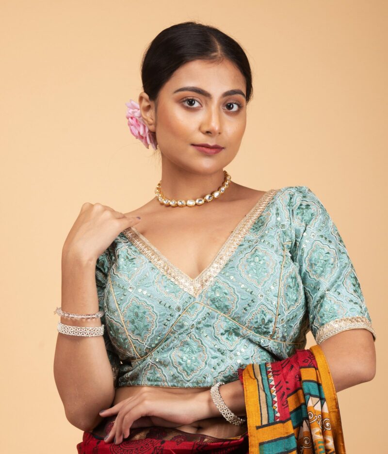 Embroidery Light Green Silk Blouse with Golden Lace