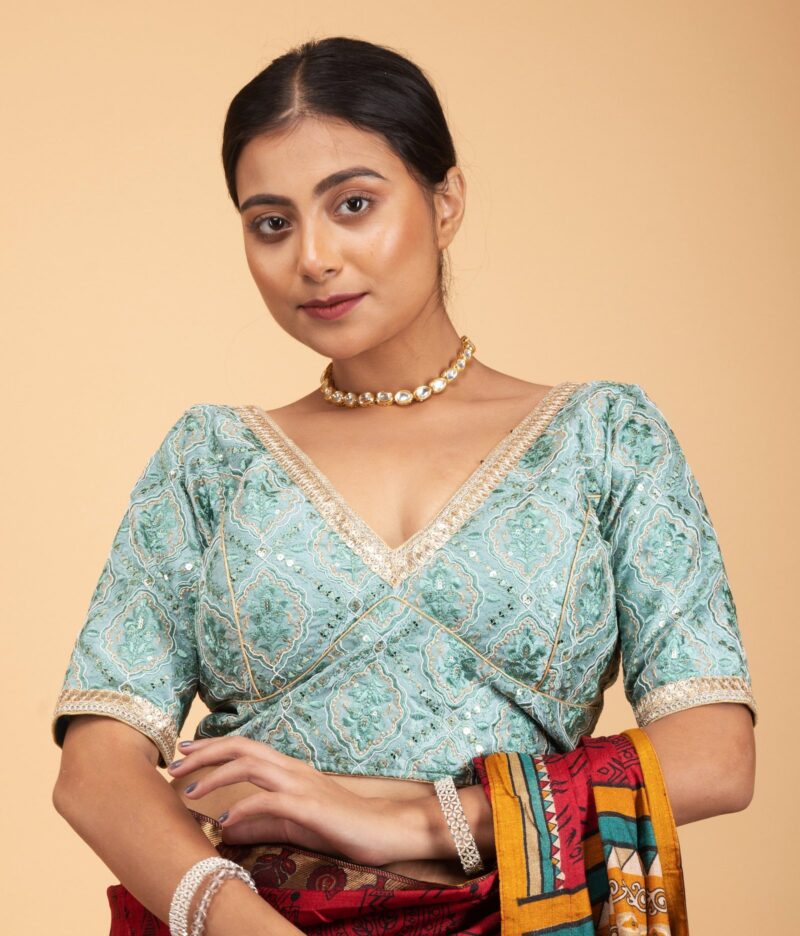 Embroidery Light Green Silk Blouse with Golden Lace - Image 2