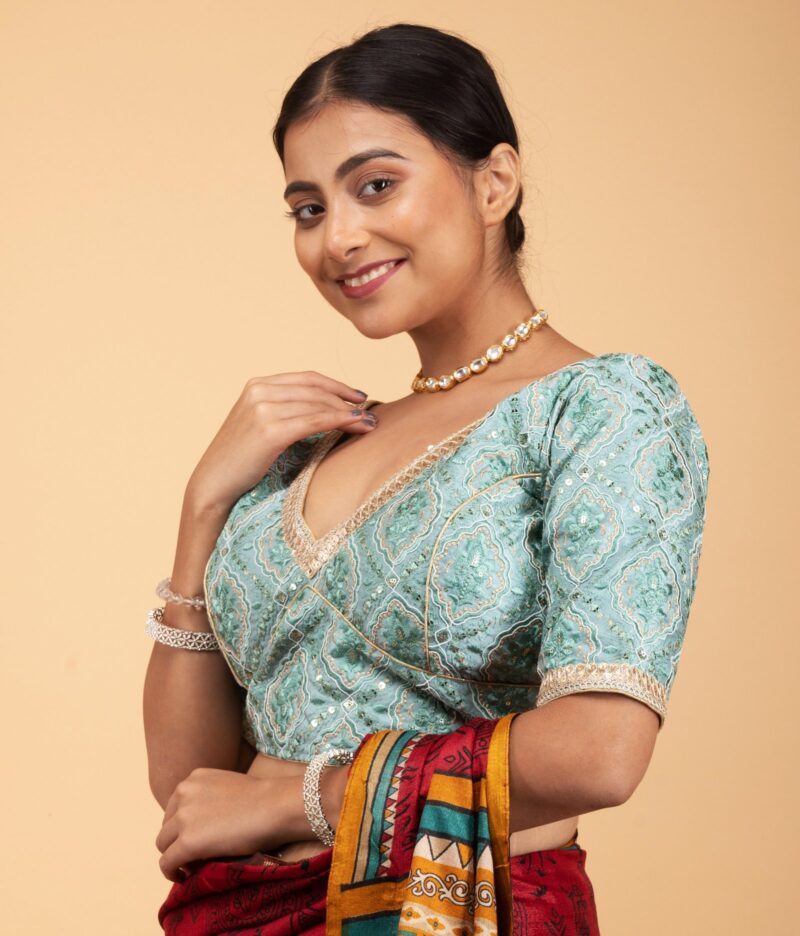 Embroidery Light Green Silk Blouse with Golden Lace - Image 3