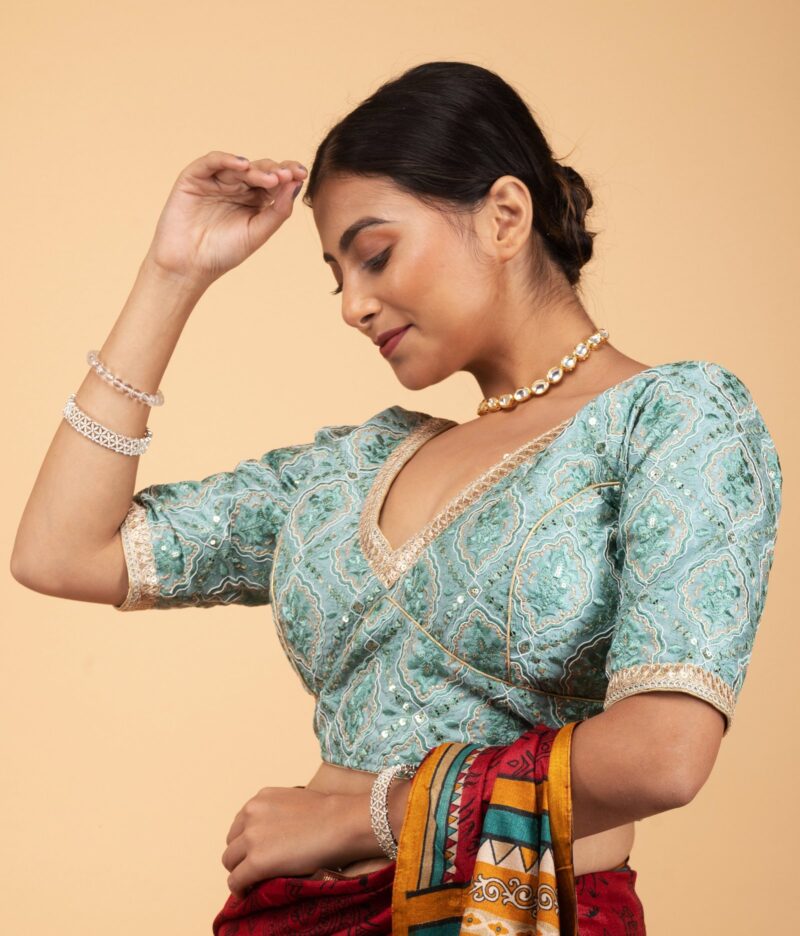 Embroidery Light Green Silk Blouse with Golden Lace - Image 4