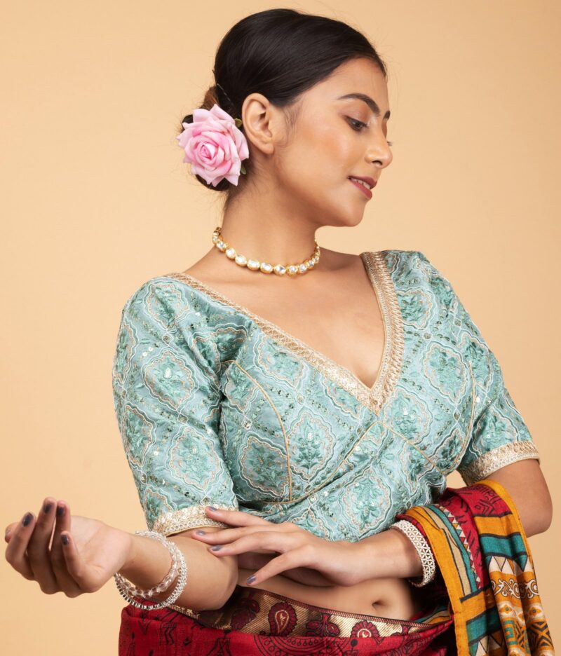 Embroidery Light Green Silk Blouse with Golden Lace - Image 5