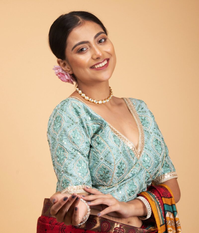 Embroidery Light Green Silk Blouse with Golden Lace - Image 6