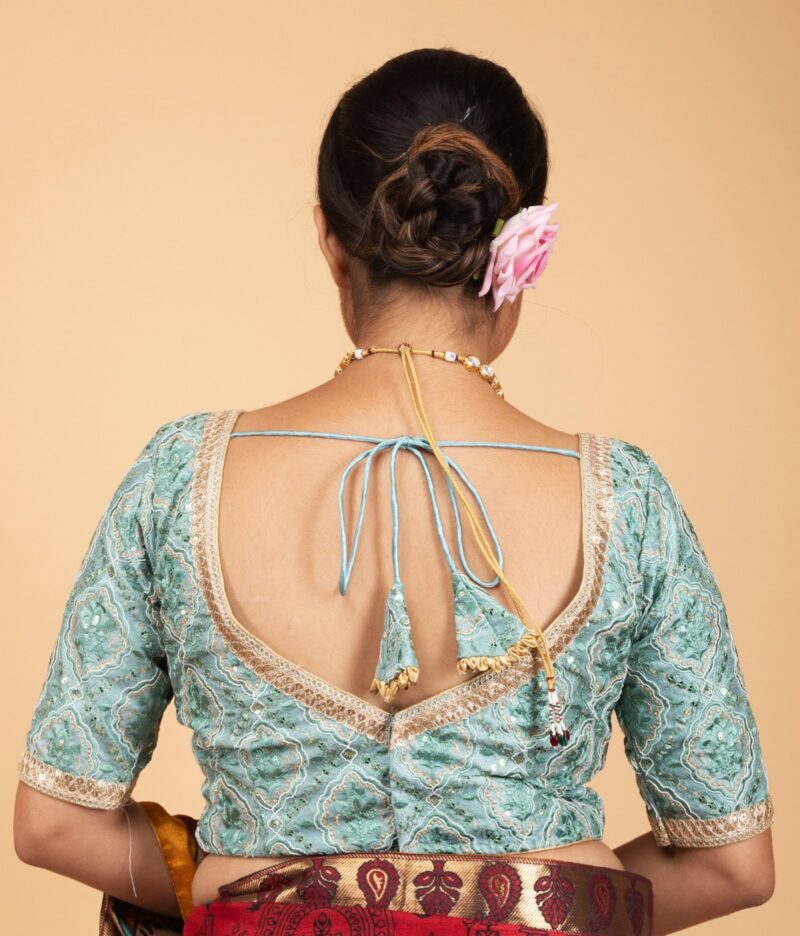 Embroidery Light Green Silk Blouse with Golden Lace - Image 7