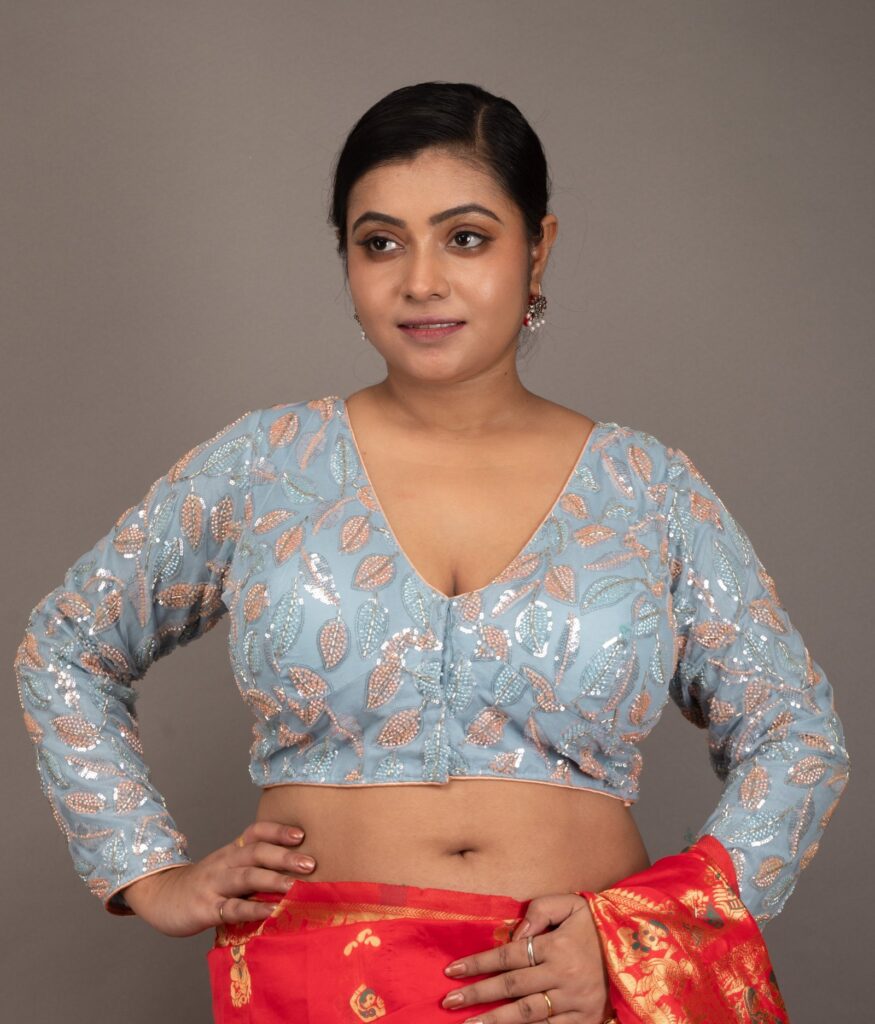 Sky Blue Net Cutdana Work V Neck Full Sleeve Blouse