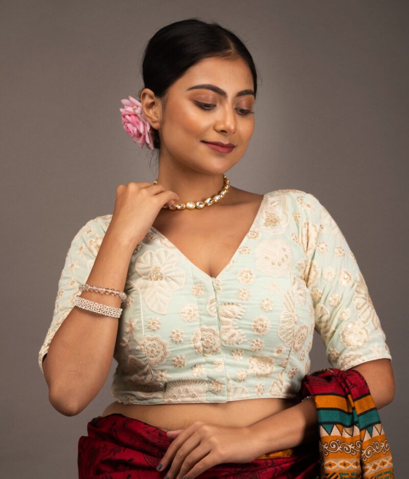 Seq and Embroidery Work Light Green Georgette V Neck Blouse