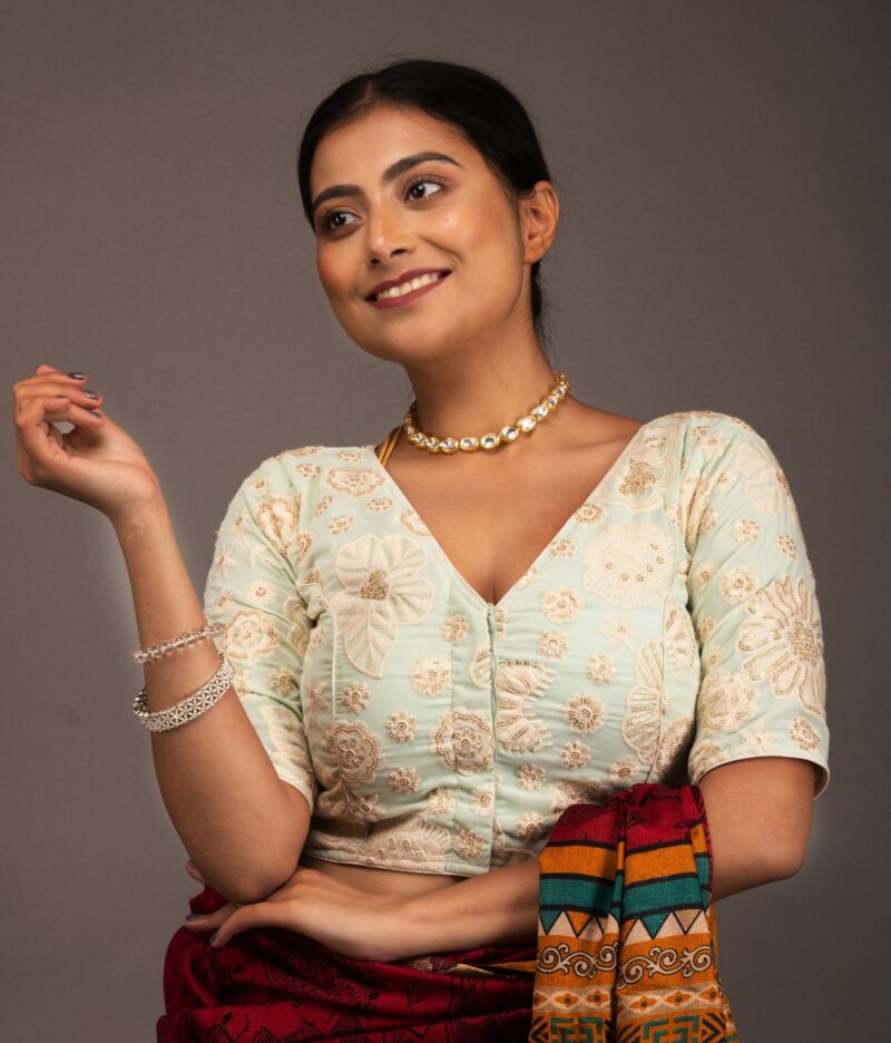 Seq and Embroidery Work Light Green Georgette V Neck Blouse - Image 2