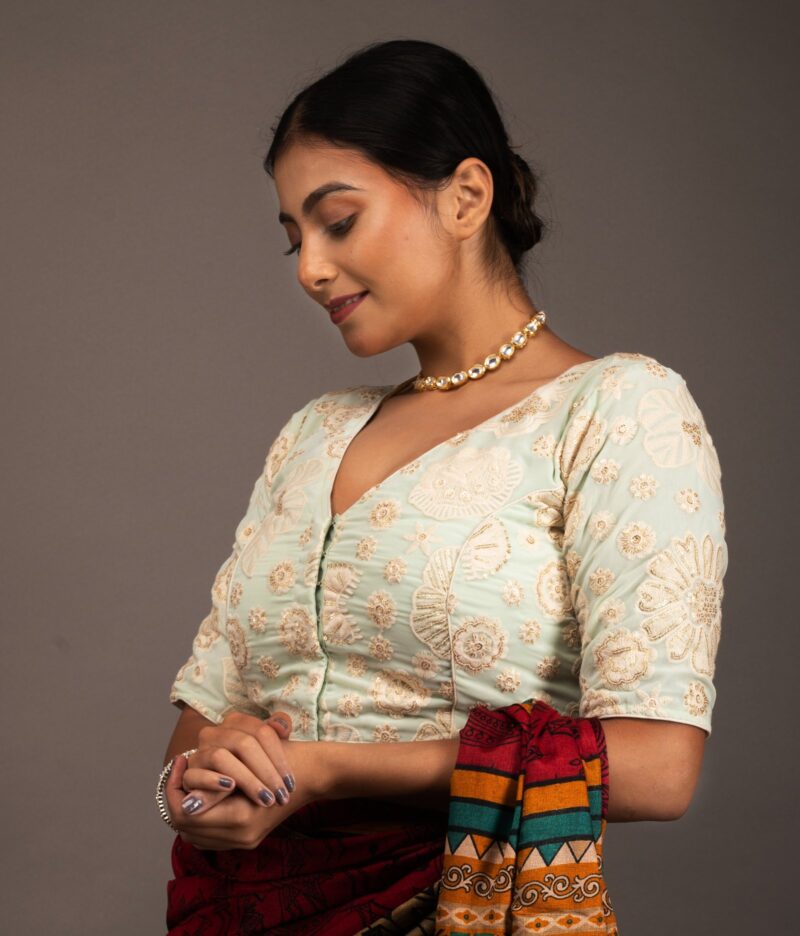 Seq and Embroidery Work Light Green Georgette V Neck Blouse - Image 3