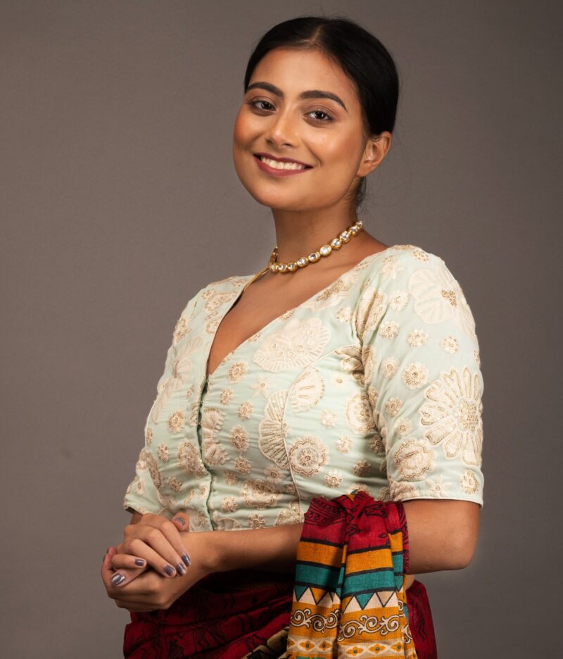 Seq and Embroidery Work Light Green Georgette V Neck Blouse - Image 4