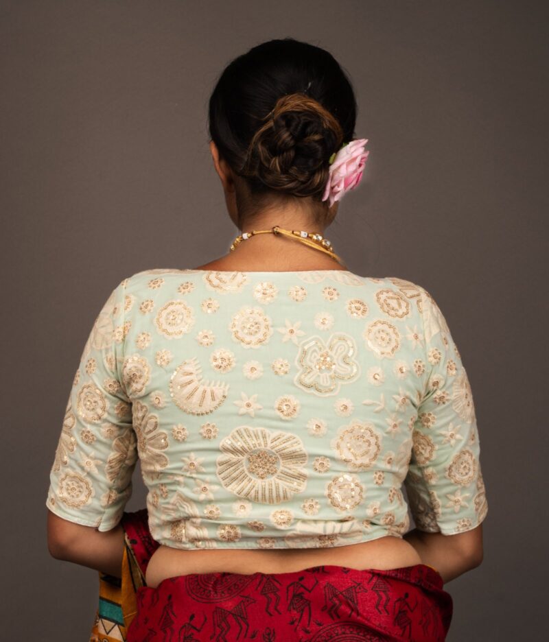 Seq and Embroidery Work Light Green Georgette V Neck Blouse - Image 7