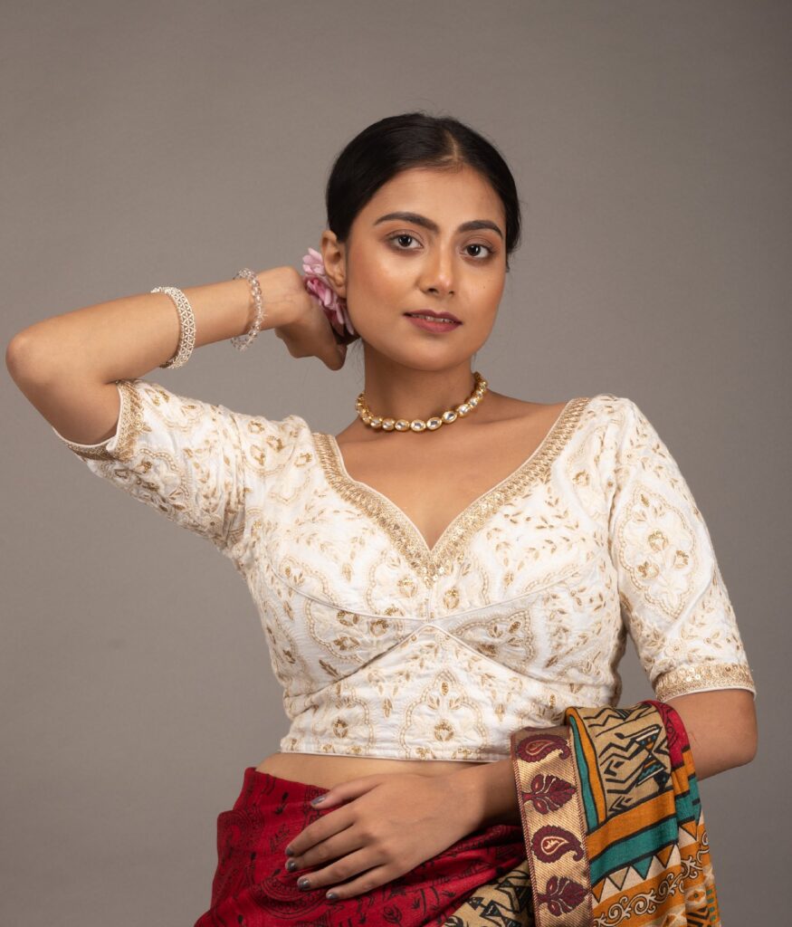 Embroidery White Silk Blouse with Golden Lace