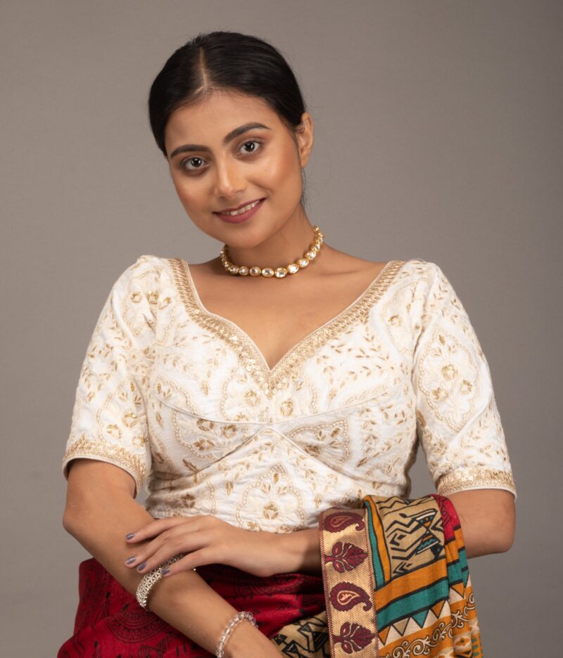 Embroidery White Silk Blouse with Golden Lace - Image 2