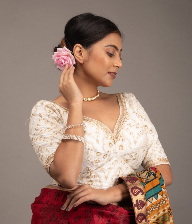 Embroidery White Silk Blouse with Golden Lace - Image 3