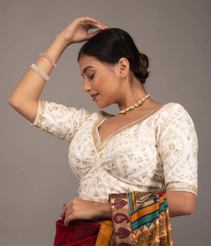 Embroidery White Silk Blouse with Golden Lace - Image 5