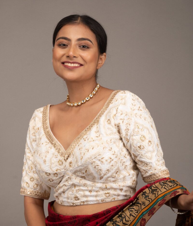 Embroidery White Silk Blouse with Golden Lace - Image 6