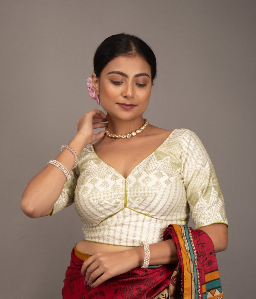 Light Green Embroidery on White Cotton Satin Blouse with Sequence work