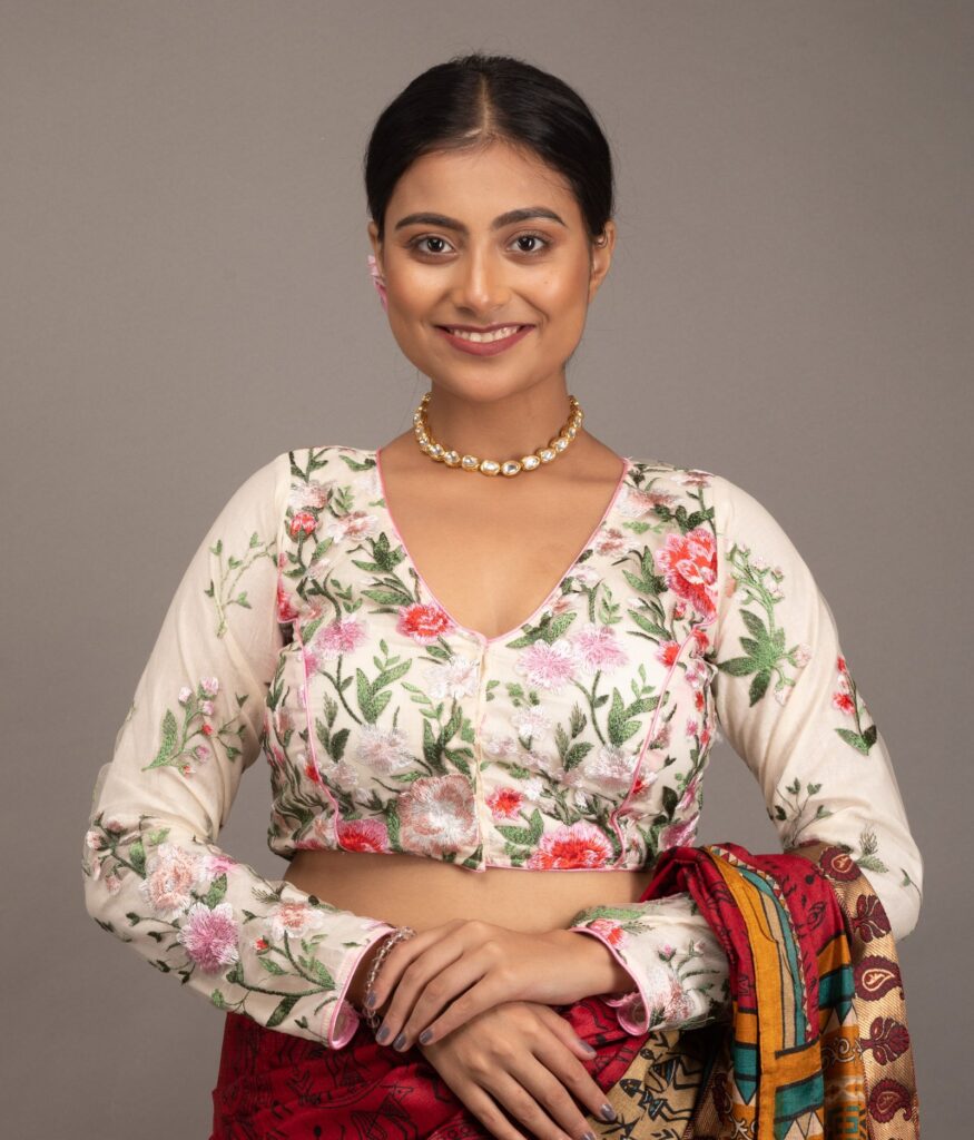 Net Floral Embroidery White Blouse Full Sleeve