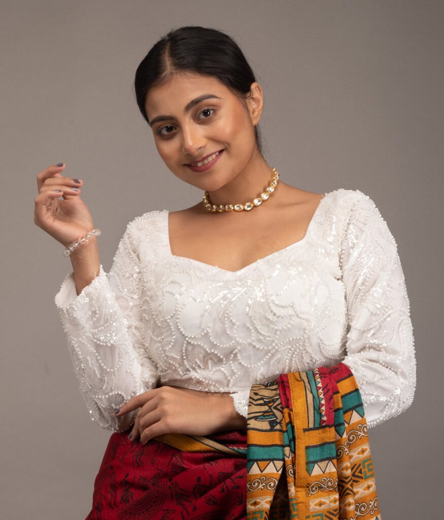 White Net Seq and Motidana Work Sweet Heart Neck Full Sleeve Blouse