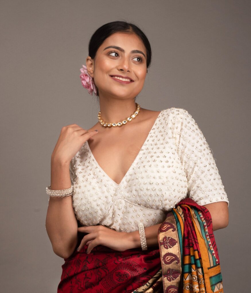 White Georgette Cutdana Work V Neck Blouse