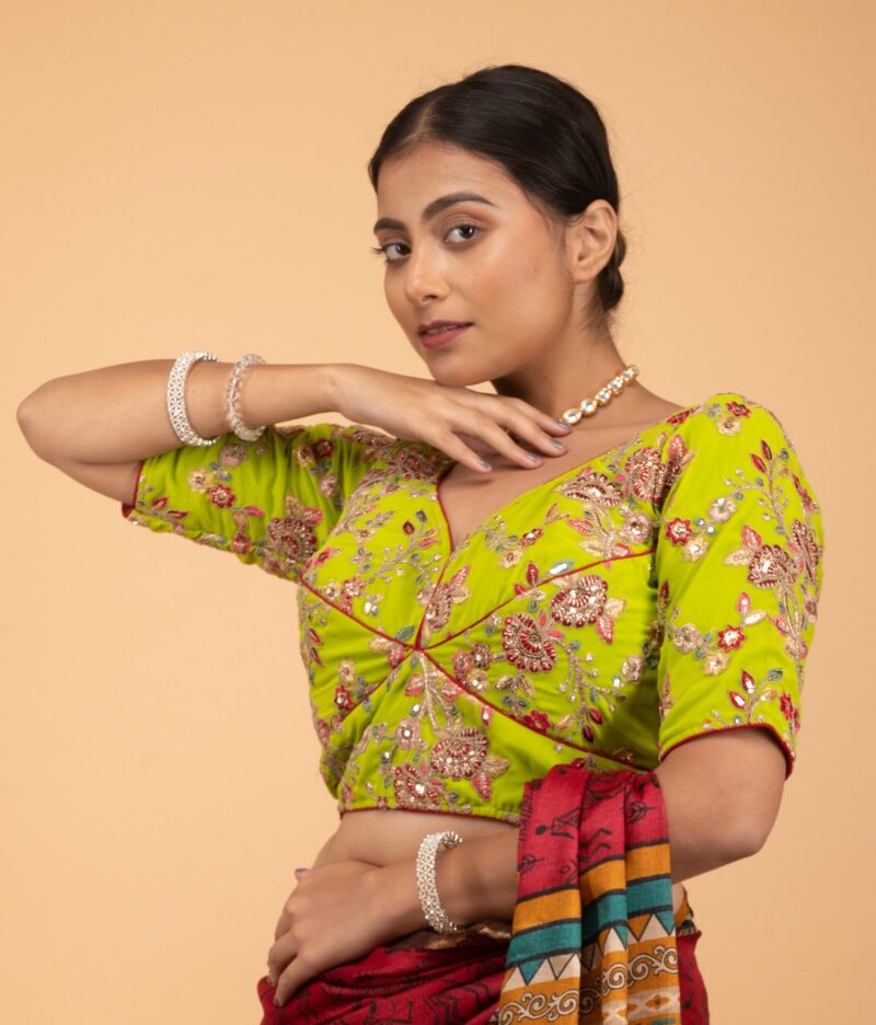 Light Green Multicolour Heavy Embroidery Sweet Heart Neck Blouse - Image 7