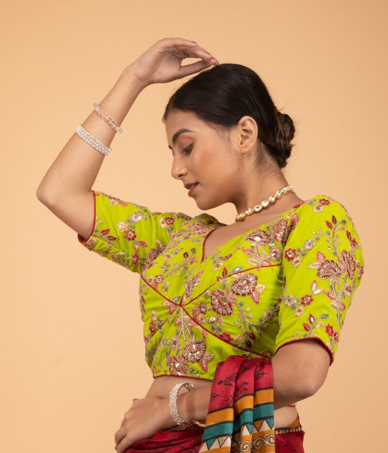 Light Green Multicolour Heavy Embroidery Sweet Heart Neck Blouse - Image 8